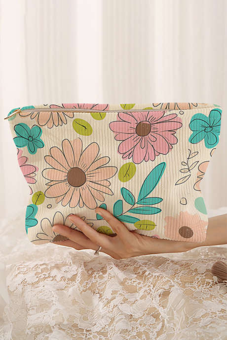 White Floral Print Corduroy Makeup Bag BH031600-P1