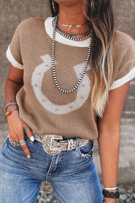 Vuohenkenkäkuvioinen kontrastiviimeistelty lyhythihainen neule