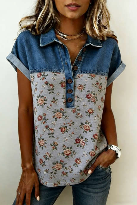 Harmaa retrokukkakuvioinen farkkutilkkutäkki napitettava poolokauluspaita