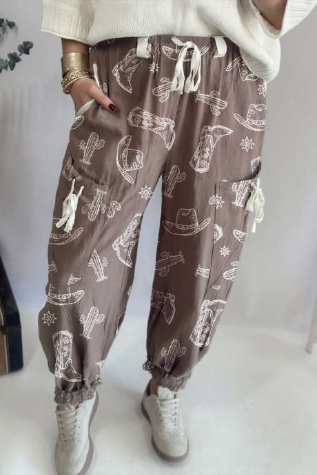 Khaki Western Cactus Cowgirl Hat Boot Printed Vintage Drawstring Jogger Pants
