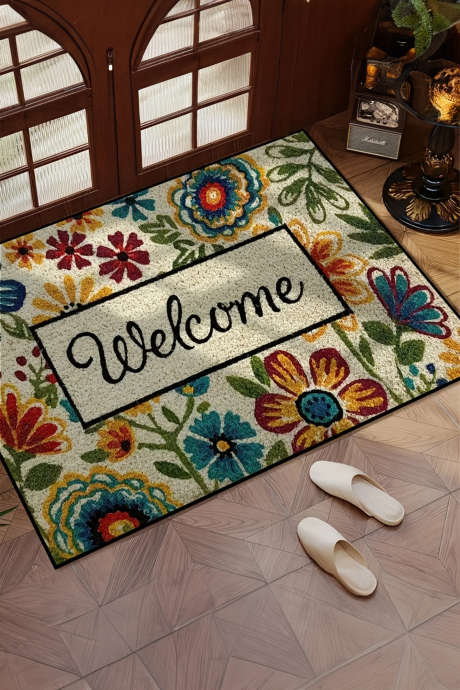 Khaki Floral Welcome Pattern Absorbent Entrance Mat BH052070-P16