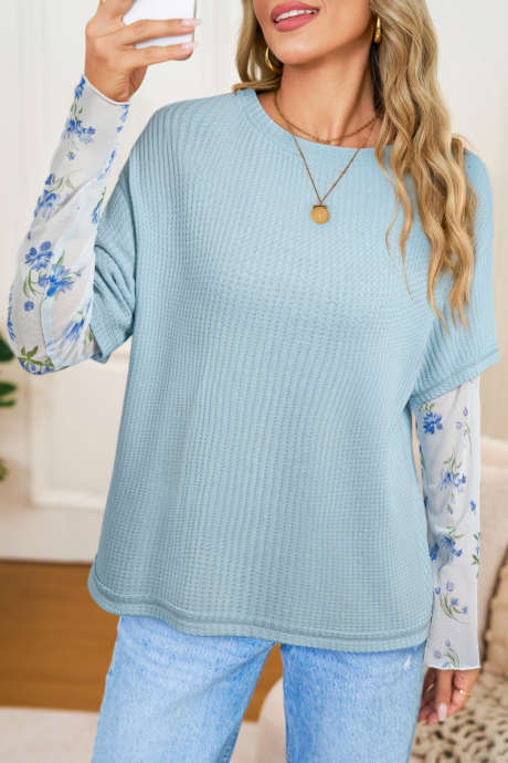 Beau Blue Floral Lace Sleeve Patchwork Waffle Fake Two-piece Top LC25135580-P804