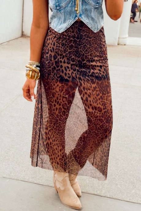 Brunt leopardfarget gjennomsiktig maxiskjørt
