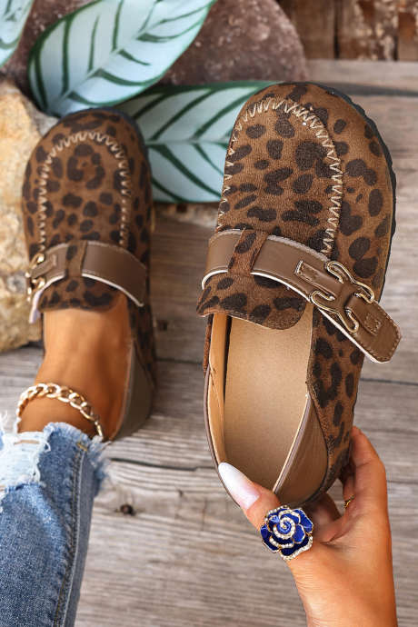 Coffee Faux Suede PU Leather Patchwork Retro Buckle Slip On Shoes