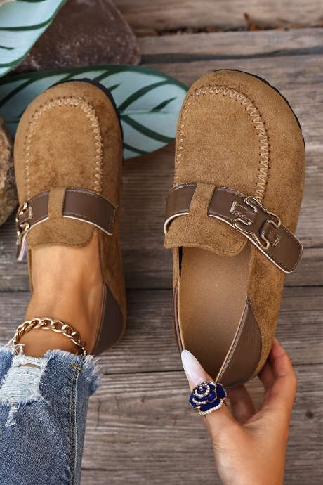 Khaki Faux Suede PU Leather Patchwork Retro Buckle Slip On Shoes BH024193-P16