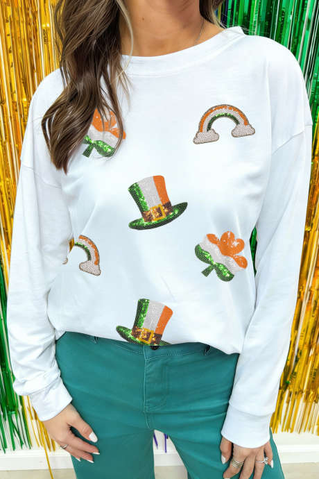 Valkoinen Mardi Gras -juhlavien elementtien paljettikuvioinen pitkähihainen t-paita LC25231296-P1