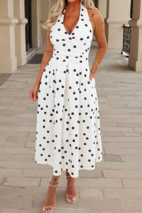 Bela seksi obleka s pentljo in ovratnikom v obliki pike