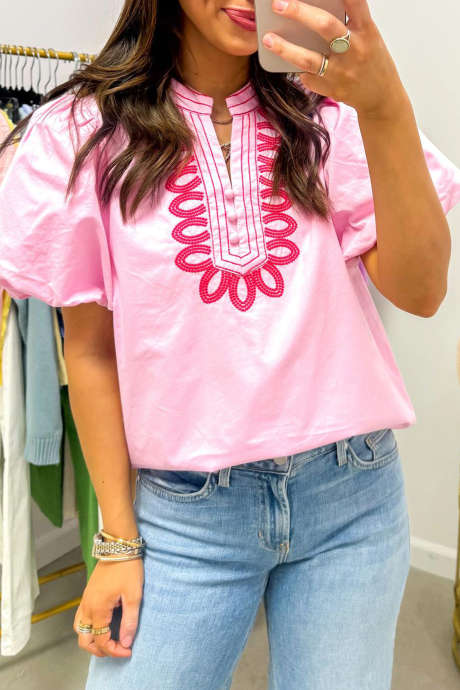 Pink Embroidered Puff Sleeve Top
