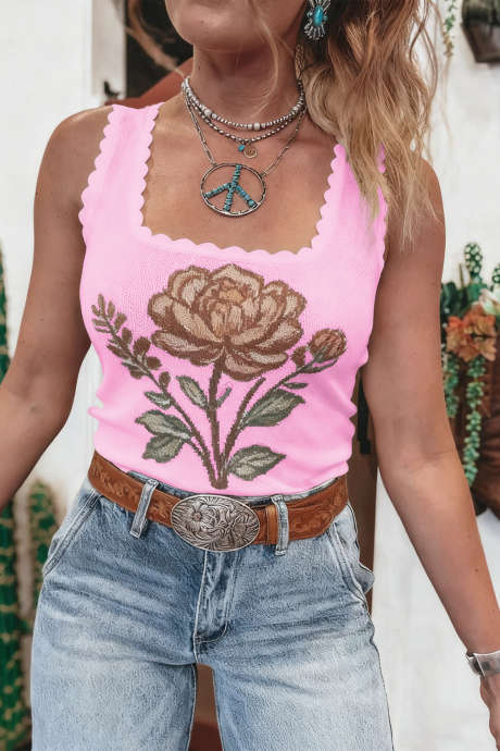 Vaaleanpunainen retrokukkakuvioinen simpukankuvioinen neliökauluksinen neulepusero-liivi