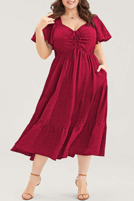 Red Plus Size Short Sleeve Lace-up High Waist Midi Dress