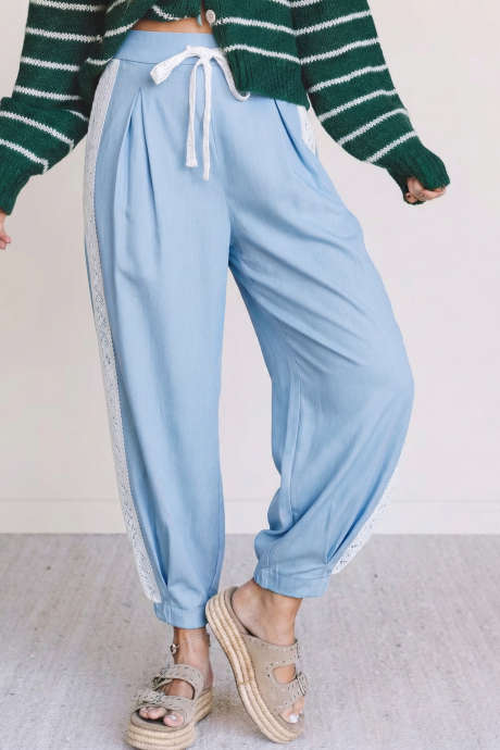 ボーブルー レースアクセント フローラル パッチポケット プリーツ ワイドレッグ スラウチパンツ LC7714284-P804