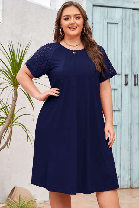 Navy Blue Plus Size Solid Color Lace Short Sleeve Pleated Swing Dress PL611582-P605