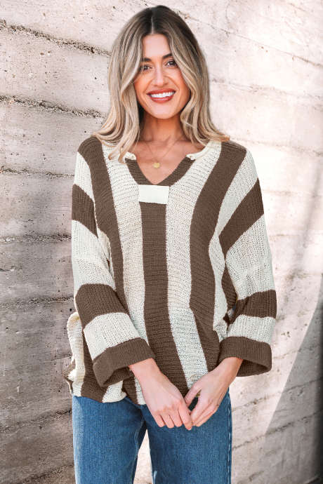 Brown Stripe Colorblock V Neck Bracelet Sleeve Sweater