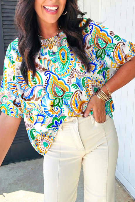 Vihreä boheemi kukkakuvioinen pusero