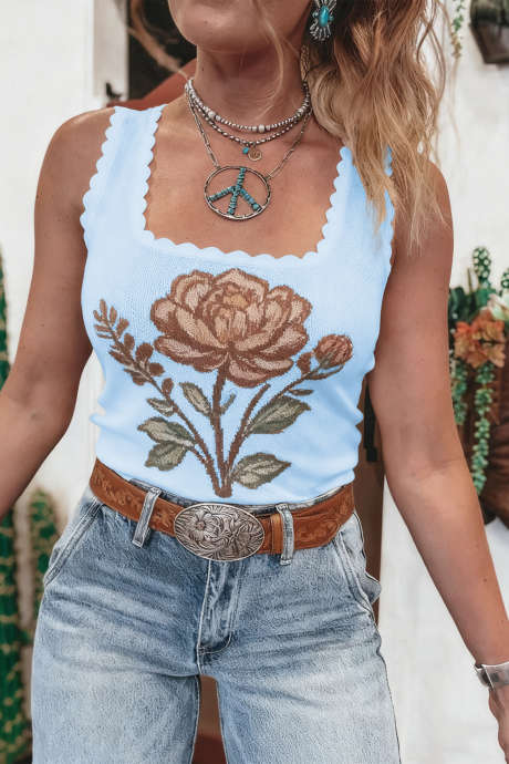 Taivaansininen retrokukkakuvioinen simpukankuvioinen neliökauluksinen neulepusero-liivi