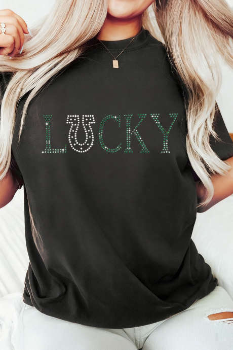 Black LUCKY Rhinestone Graphic Rolled Sleeve Tee LC25231287-2