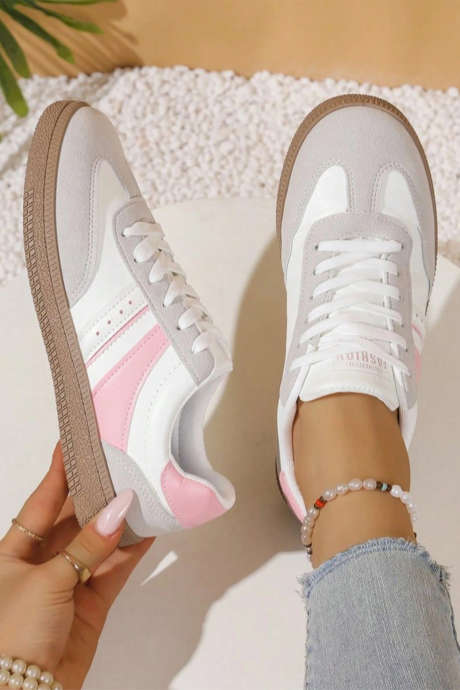 Pink Fashionable Patchwork Lace Up Low Top Casual Flat Sneakers BH024181-P10