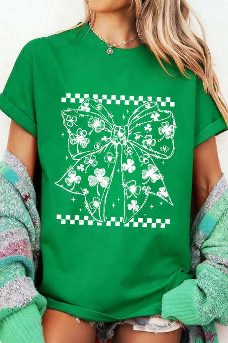 Bright Green Cute Clover Bow Checkered Detail Casual T Shirt LC25231290-P109