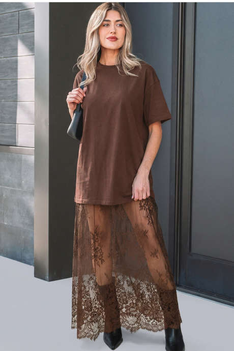 Punainen santelipuu kukkakuvioinen tilkkutyö lyhythihainen T-paita löysä maksimekko