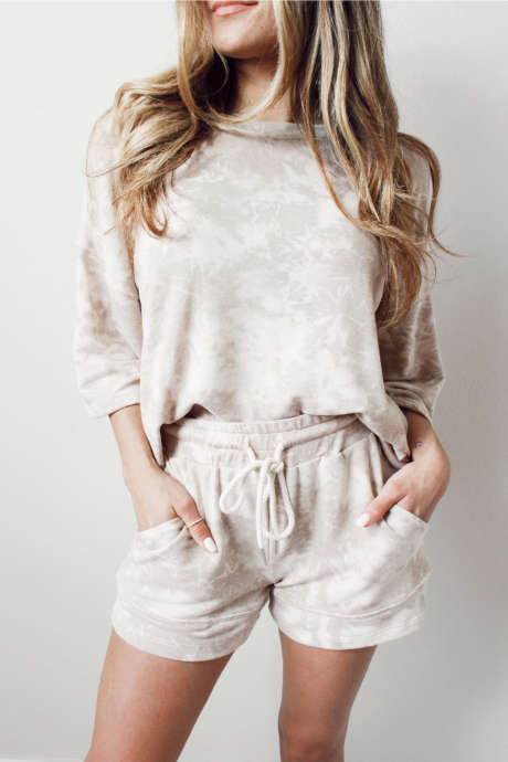 Beige Vintage Solmuvärjätty Rannekoru Hiha Kiristysnyöri Joustava Vyötärö 2kpl Lyhyt Setti