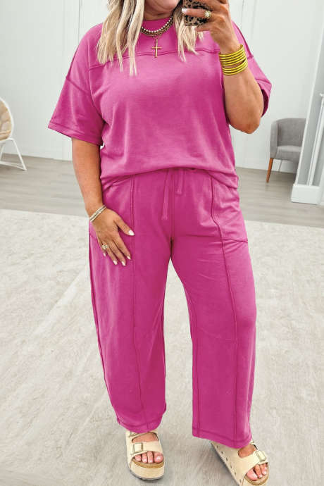 Roza rdeča plus size enobarvna majica z detajli šivov in vrvico - komplet 2 kosov