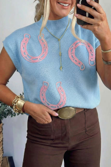 Pulover s kratkimi rokavi in ​​rebrastim ovratnikom z vrvico in podkvastimi podkvami Beau Blue