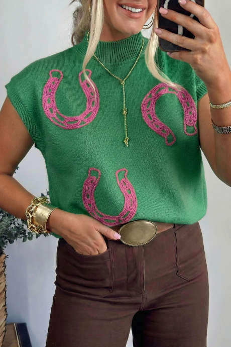 Svetlo zelen pulover s kratkimi rokavi in ​​​​rebrastim robom z vzorcem podkve