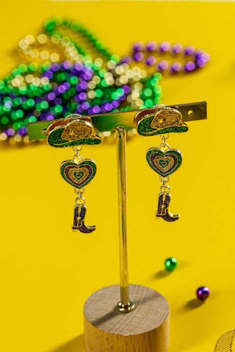 Boucles d'oreilles pendantes longues en forme de botte de cowboy dorée pour Mardi Gras BH014816-P12