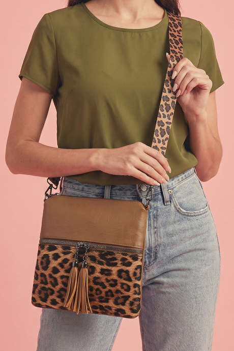 Bolso mini de un solo hombro de piel sintética con estampado de leopardo en contraste color café BH031549-P1017