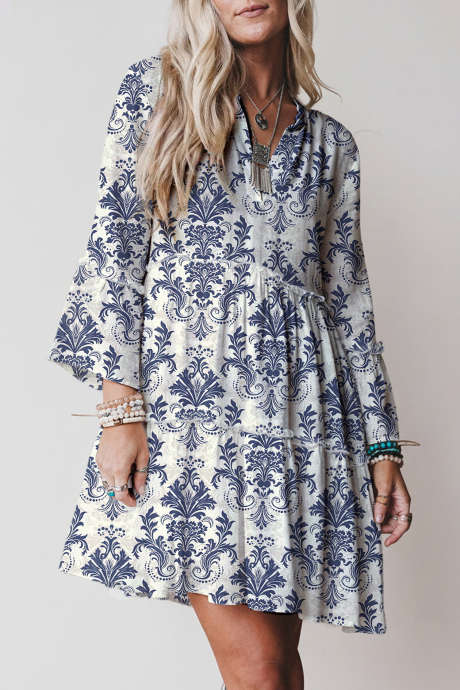 Sky Blue Boho Floral Print Lettuce Trim 3/4 Sleeve Mini Dress