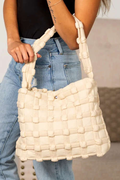 Sac carré à bandoulière en tissu tissé élégant couleur avoine BH031572-P1015