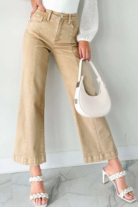 Apricot Solid Color Seamed Center Wide Leg Cropped Jeans LC7876206-P18