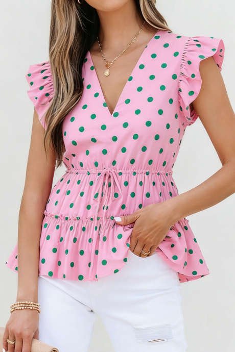 Vaaleanpunainen V-aukkoinen Pilkullinen Kiristysnyörillä varustettu Kerrostettu Babydoll-pusero