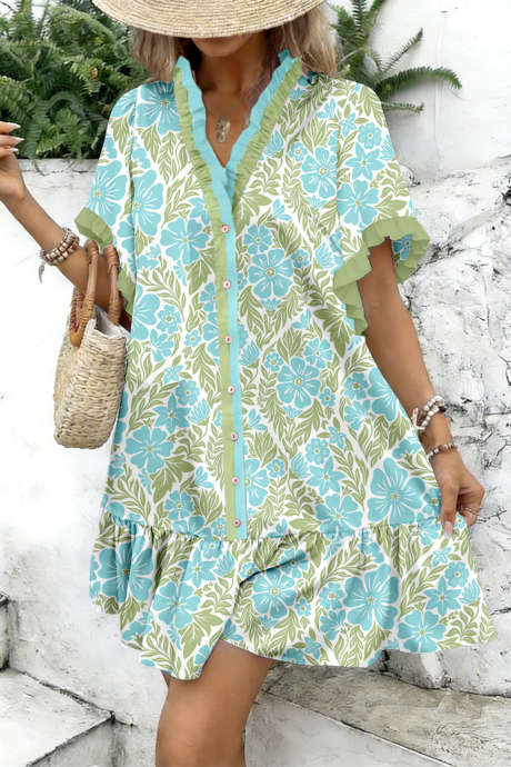 Nebesno modra obleka z botaničnim cvetličnim potiskom in naborki, V-izrezom ter gumbi spredaj