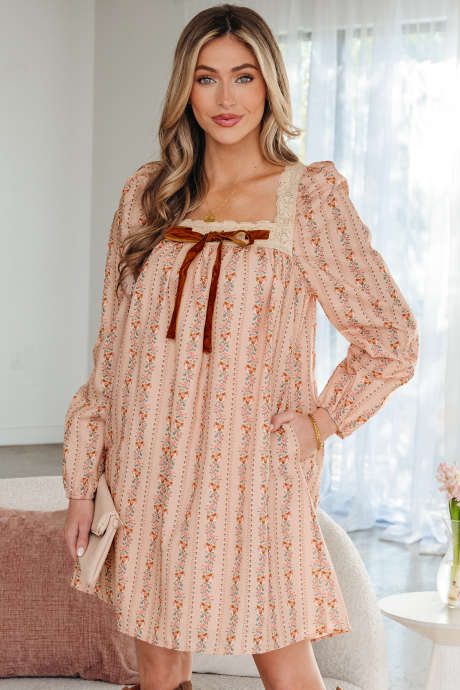 Khaki Floral Print Contrast Velvet Bow Lace Patchwork Long Sleeve Loose Mini Dress