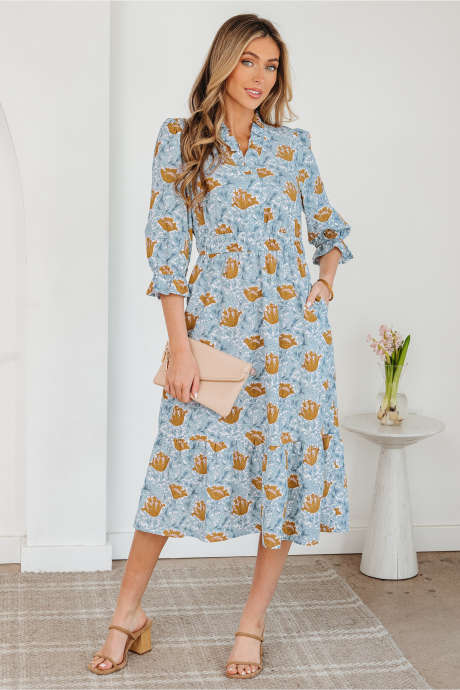 Brown Floral Printed Frilled V Neck Bracelet Sleeve Long Dress