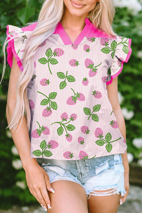 Vaaleanpunainen raidallinen mansikkakuvioinen väriblokkipatchwork V-aukkoinen liehuvahihainen pusero LC25134880-P1020