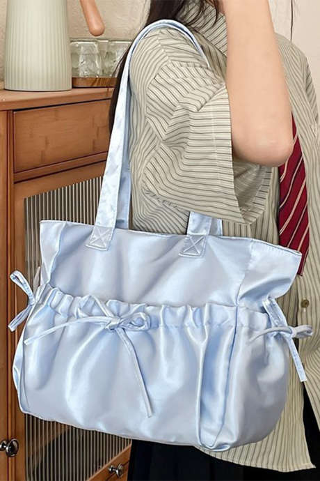 Beau Blue Solid Color Silky Bow Detail Single Shoulder Bag