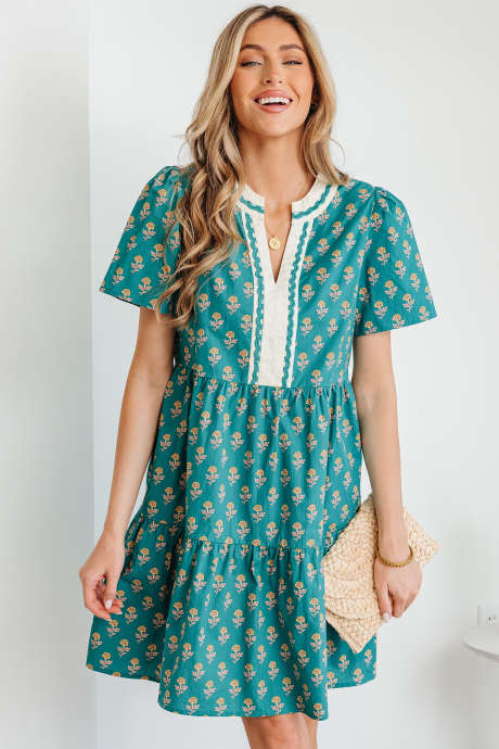 Green Contrast Trim V Neck Short Sleeve Floral Dress