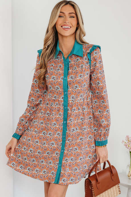 Orange Boho Floral Contrast Collared Shirt Mini Dress