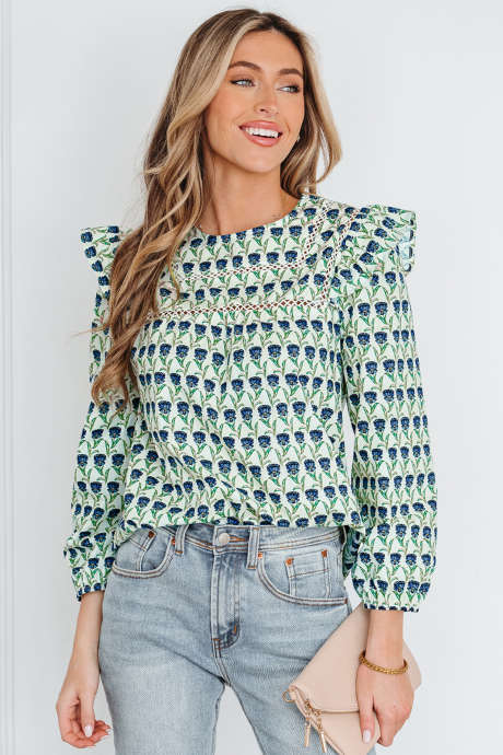 Vihreä kukkakuvioinen pitsikoristeinen röyhelöreunustettu pitkähihainen pusero