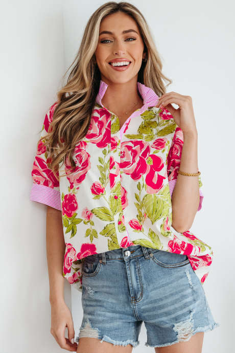Pink Flower Print Striped Trim Frilled Collar Short Sleeve Shirt