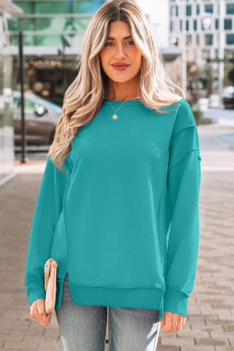 Sea Green Horizontal Ribbed Exposed Seam Detail Drop Shoulder Baggy Pullover LC25134965-P409