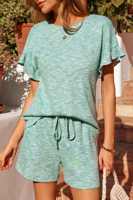 Moonlight Jade Heather -teksturoitu röyhelötoppi ja kiristysnyörillä varustetut shortsit