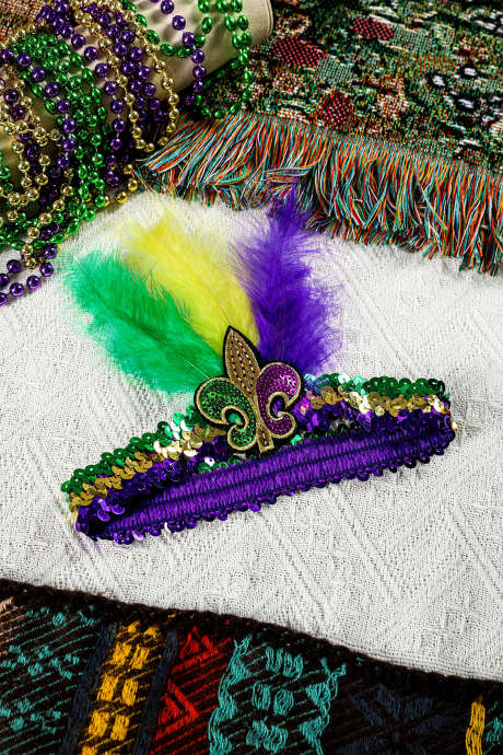 Bandeau élastique à sequins et plumes tricolores doré Mardi Gras BH043687-P12
