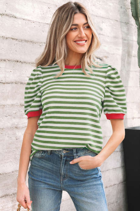 Green Stripe Short Puff Sleeve Contrast Trim Round Neck Tee LC25230104-P919