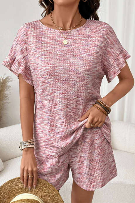 Light Pink Heather Textured Ruffle Sleeve Top and Drawstring Shorts Set LC628475-P1010