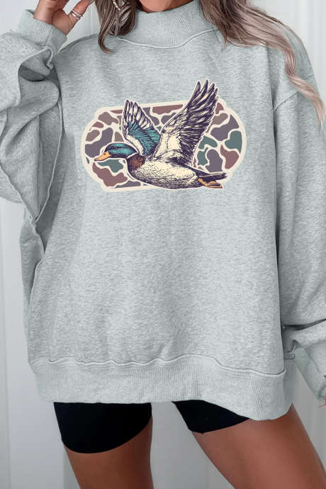 Gray Mallard Duck Camouflage Print Mock Neck Sweatshirt LC25321330-P11