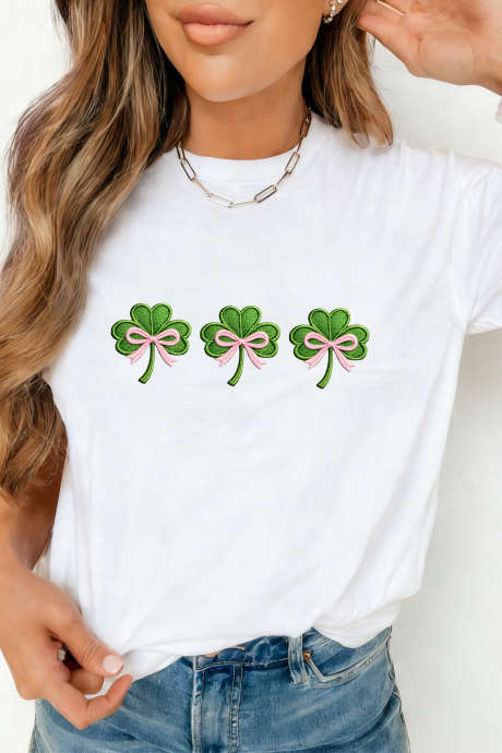 White Ribbon Bow Clover Embroidered Casual T Shirt LC25231332-1