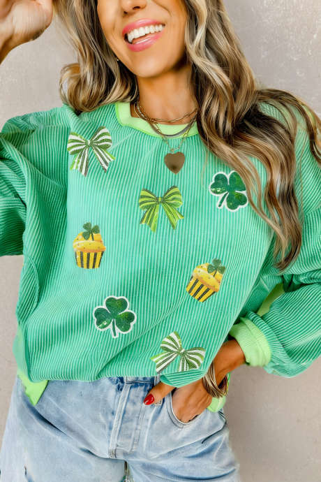 Bright Green Twisted Rib St Patricks Day Sequin Patch Graphic Long Sleeve Top LC25137228-P109